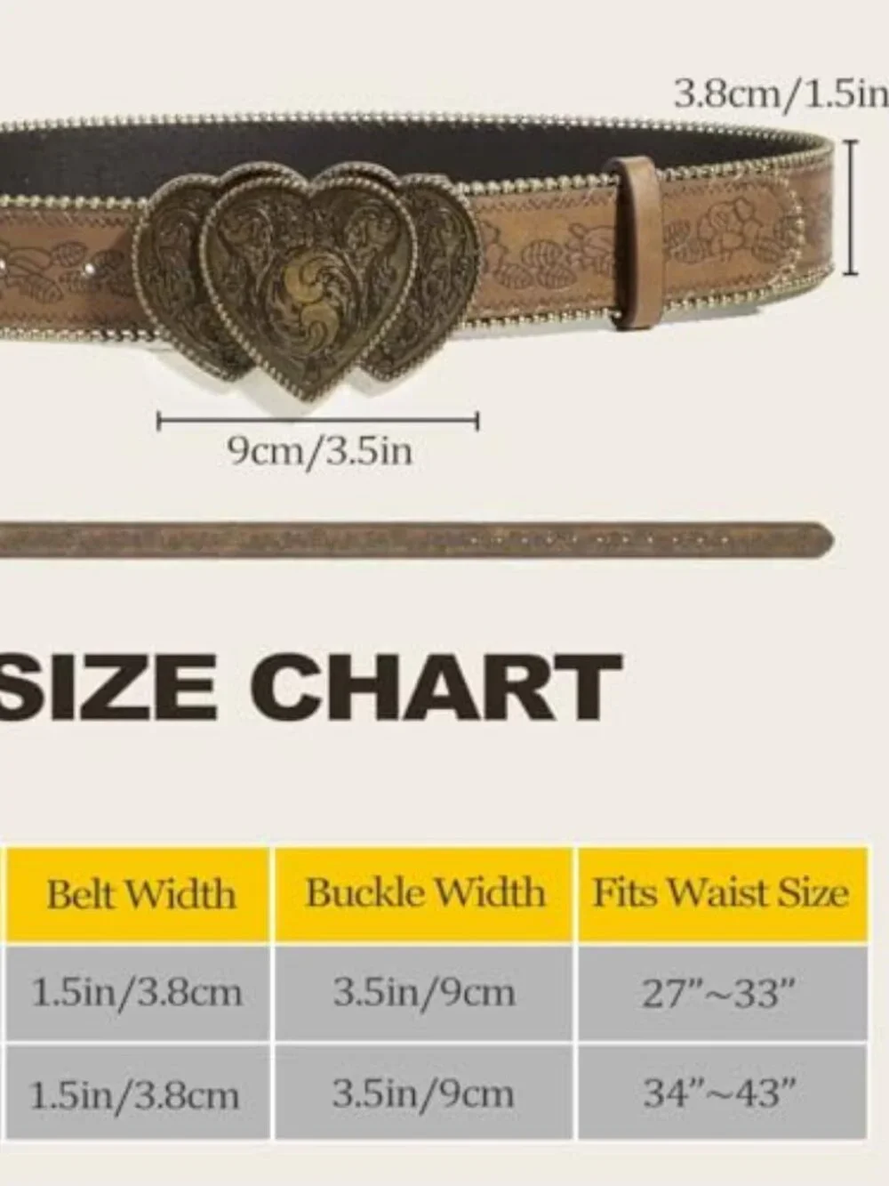 Women Western Belt with Heart Embossed Buckle Vintage Brown Belt for Jeans Pant